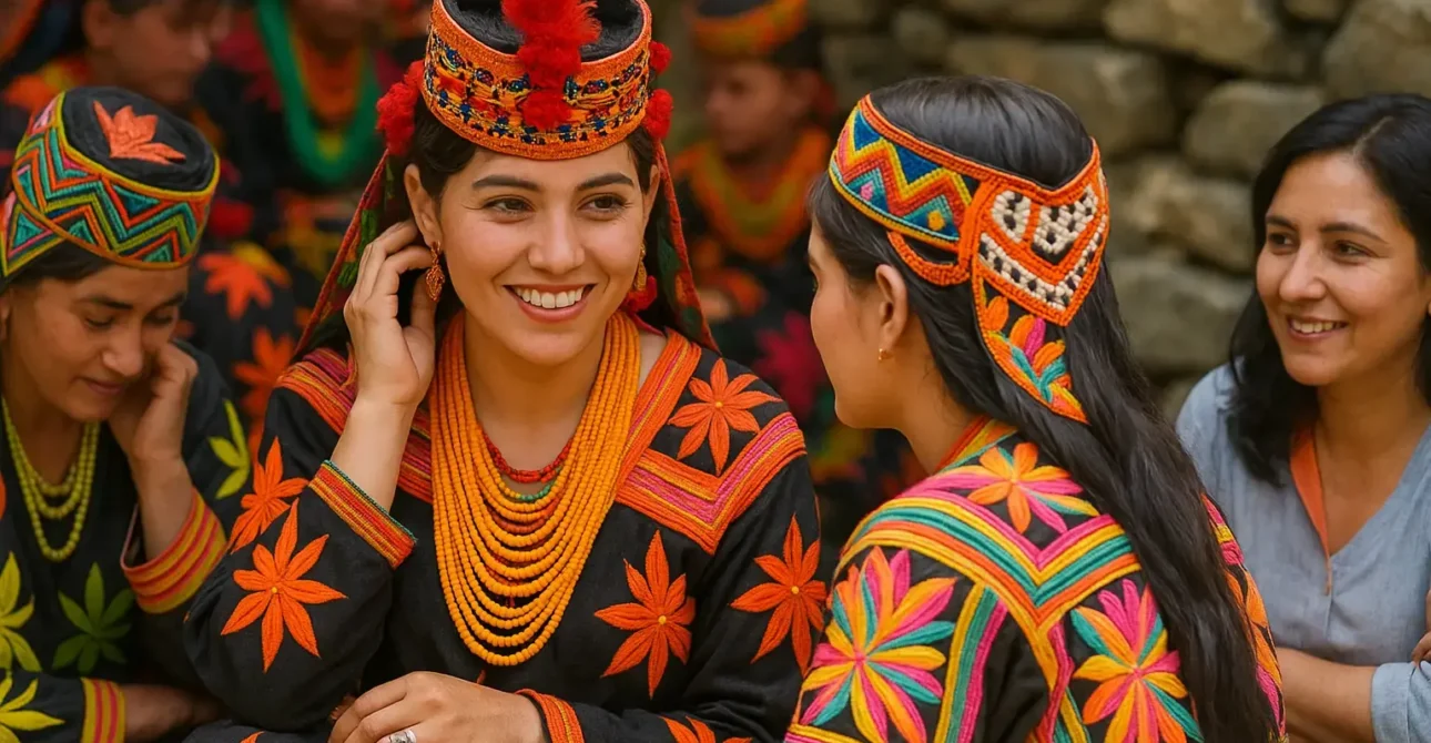 Kalash Valley festival with traditional dancers celebrating under blue sky in Northern Pakistan