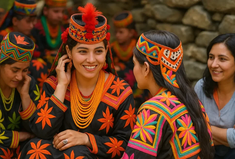 Kalash Valley festival with traditional dancers celebrating under blue sky in Northern Pakistan