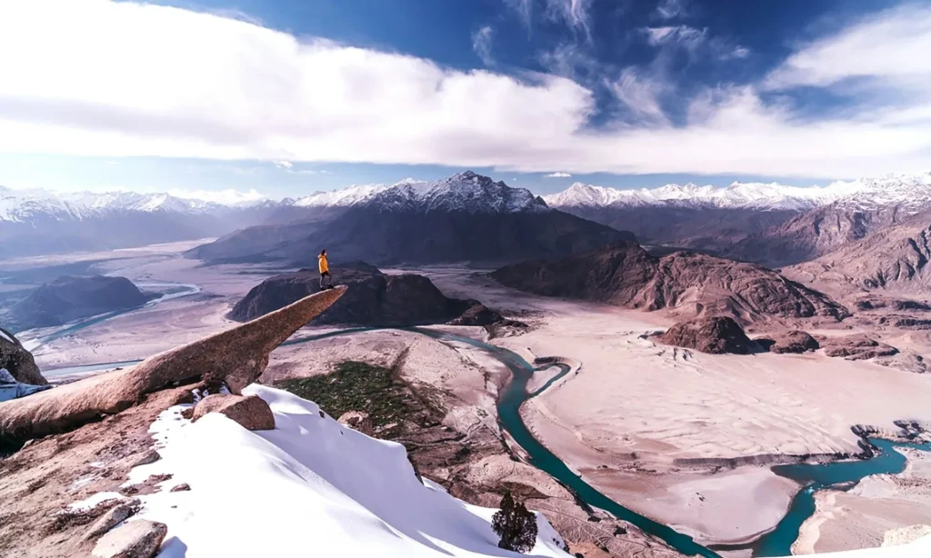 Panoramic view of Skardu Valley’s rugged mountains and meandering Indus River