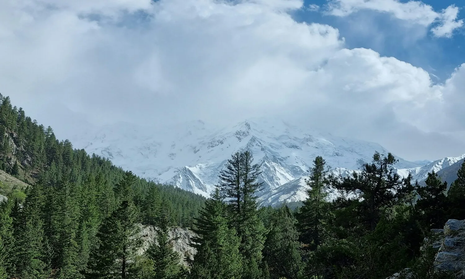 Fairy Meadows glamping site with Nanga Parbat peak rising in the background